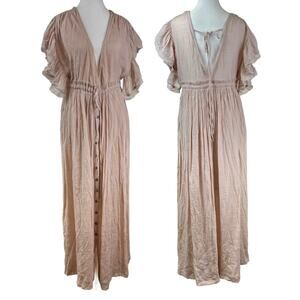 Sweet Lovely by Jen Blush Pink Deep V Neck Ruffle Bohemian Maxi Dress Sz Small